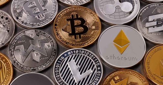 Physical manifestations of various cryptocurrencies, including Bitcoin and Etherium